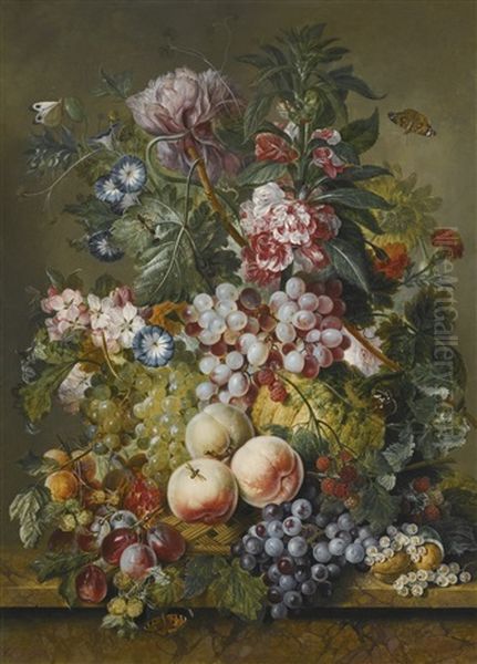 A Still Life Of Fruit And Flowers, Including Peaches, Grapes, Plums, Currants, Melon And Peonies, Convolvuli And Blossom All In A Basket On A Marble Ledge Oil Painting by Jacobus Linthorst