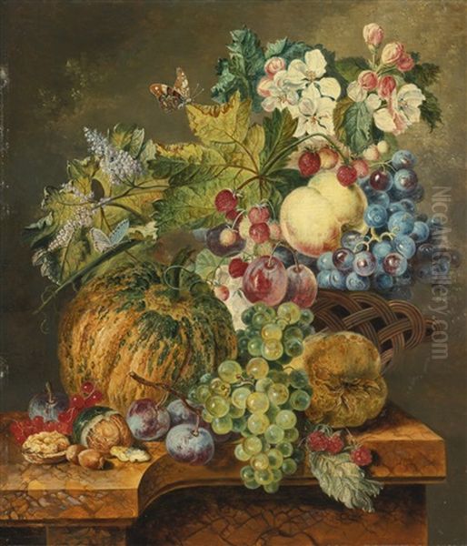 Strawberries, Grapes, Plums And A Peach In A Basket Surrounded By Flowers And Other Fruits And Vegetables, All Resting On A Marble Ledge Oil Painting by Jacobus Linthorst