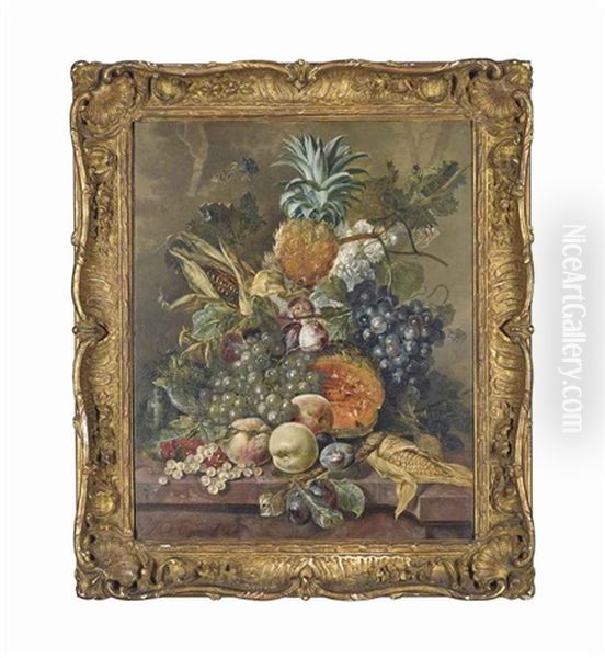 A Pineapple, Grapes, Peaches, Melons, Corn, Plums And Stocks On A Stone Ledge With Butterflies In A Landscape Oil Painting by Jacobus Linthorst