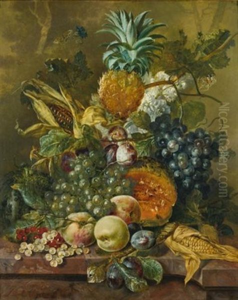 A Pineapple, Plums, Grapes And Other Fruit With Corn On A Marble Ledge Oil Painting by Jacobus Linthorst