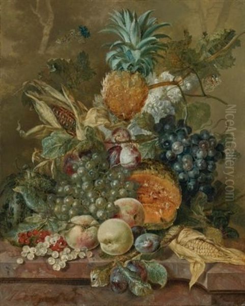 A Pineapple, Plums, Grapes And Other Fruit With Corn On A Marble Ledge Oil Painting by Jacobus Linthorst