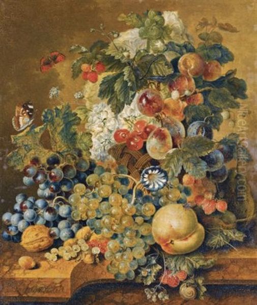 A Still Life With A Basket Of Fruit, Nuts, And Flowers On A Stone Ledge, With A Fly, Butterflies, A Dragon Fly, And A Snail Oil Painting by Jacobus Linthorst