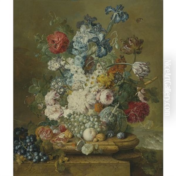 Still Life Of Peonies, Primroses, Irises, Tulips, A Poppy And Other Flowers With Grapes, A Melon, A Pomegranate, Peaches, Plums And Nuts, All On A Carved Stone Ledge With A Waterfall Landscape Beyond Oil Painting by Jacobus Linthorst