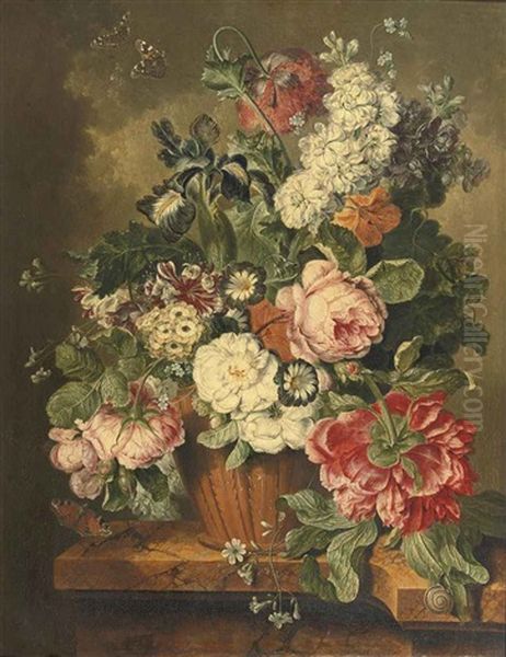 A Lily, Roses, Violets And Other Flowers In An Earthenware Vase On A Marble Ledge With Butterflies And A Snail Oil Painting by Jacobus Linthorst