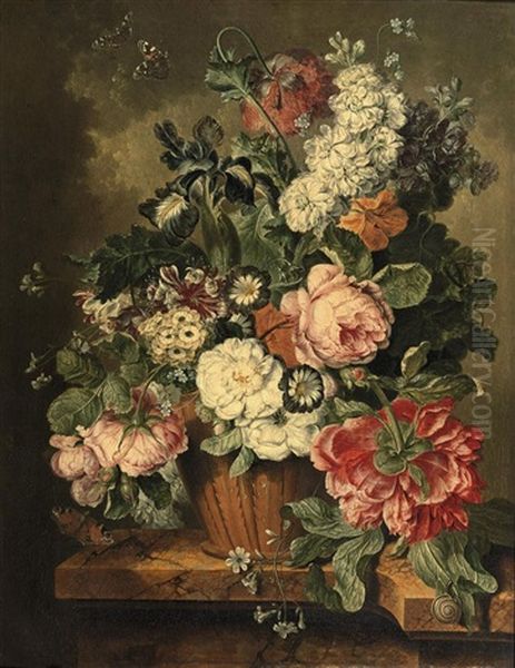 A Lily, Roses, Violets And Other Flowers In An Earthenware Vase On A Marble Ledge With Butterflies And A Snail Oil Painting by Jacobus Linthorst