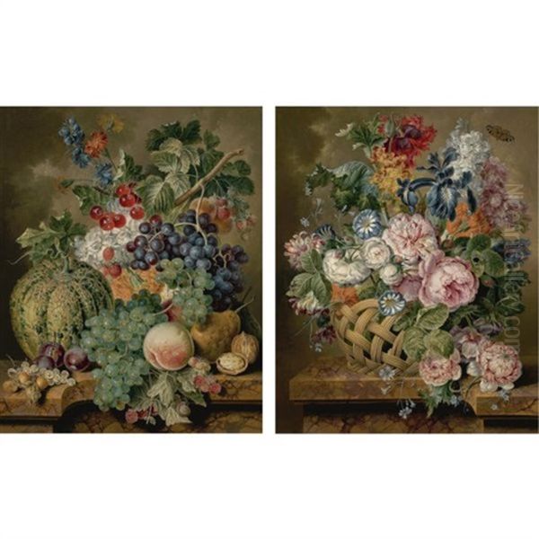 Still Life Of A Melon, White And Black Grapes, A Peach, Pears, Plums, Walnuts, Hazelnuts, Raspberries, Cherries And White Currants With Delphinium And Marigolds On A Marble Ledge(+ Still Life Of Roses Oil Painting by Jacobus Linthorst