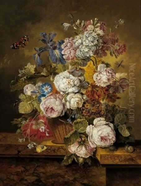 Ein Blumenstraus Mit Rosen, Wicken, Iris, Pfingstrosen Und Anderen Bluten In Einer Vase Oil Painting by Jacobus Linthorst