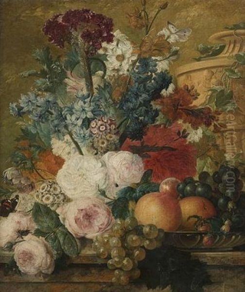 Roses, Narcissi, Delphiniums, Convolvulus And Other Flowers On A Stone Ledge, With Grapes, A Salver With Grapes, Peaches And Strawberries And Butterflies, A Carved Stone Urn Beyond Oil Painting by Jacobus Linthorst