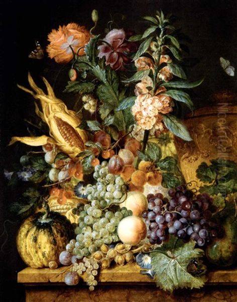 Composition Florale Avec Une Urne Sculptee Et Des Fruits Oil Painting by Jacobus Linthorst