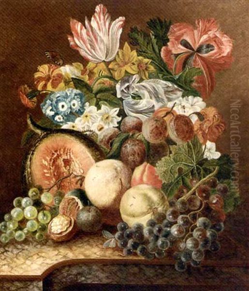 Grapes On The Vine, A Melon, Walnuts, Peaches, A Butterfly And A Bunch Of Flowers On A Stone Ledge Oil Painting by Jacobus Linthorst