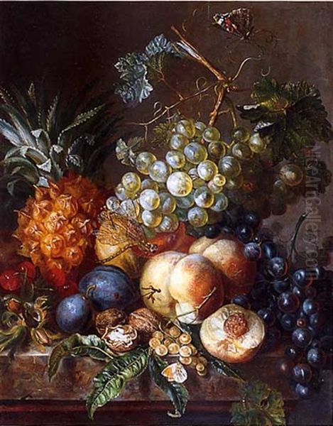 Nature Morte Aux Fruits, Un Papillon Et Un Dragon Oil Painting by Jacobus Linthorst