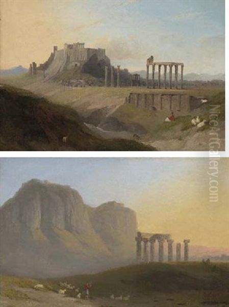 View Of The Temple Of Apollo At Corinth With Acro-corinth Beyond, A Shepherd With His Flock In The Foreground Oil Painting by William Linton