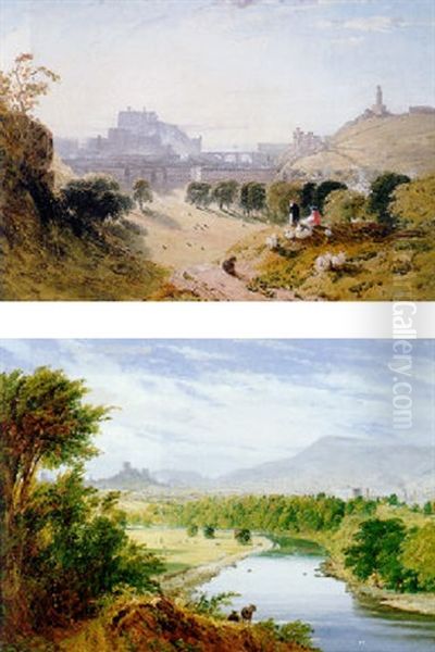 View Of Edinburgh And Calton Hill With Figures And Sheep In The Foreground Oil Painting by William Linton