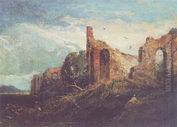 Figures Resting By Ruins In The Campagne (?) Oil Painting by William Linton