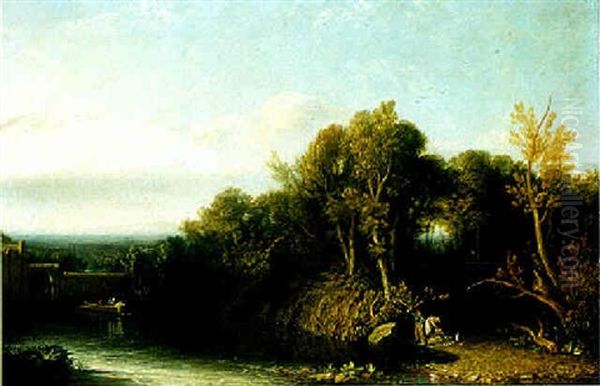 River Landscape With A Barge And A Distant View Of Mountains Oil Painting by William Linton