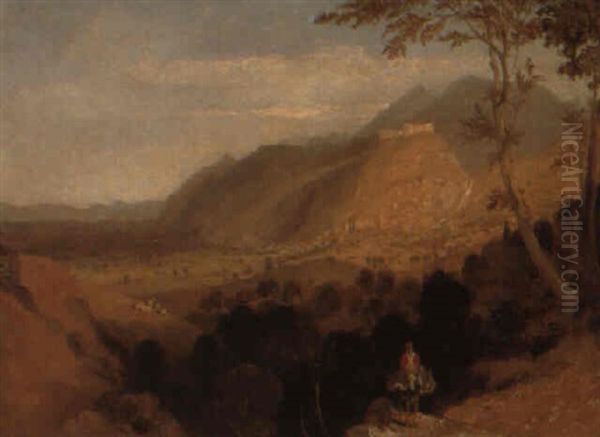 A View Of Mistra With A Peasant On A Donkey In The Foreground Oil Painting by William Linton