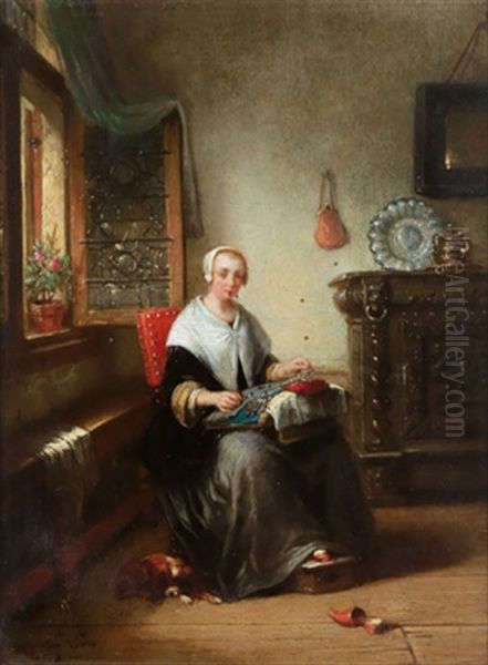 Interieur Mit Jugendlicher Spitzenklopplerin Oil Painting by Alois Stanislas Lion