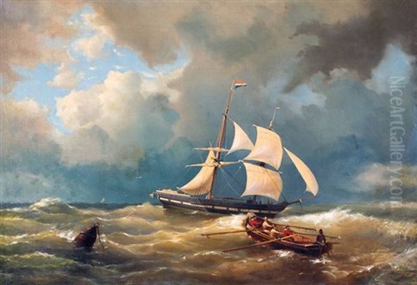 Tweemaster Op Zee, Op De Voorgrond Mannen In Een Sloep Oil Painting by Johannes Matthijs Lion