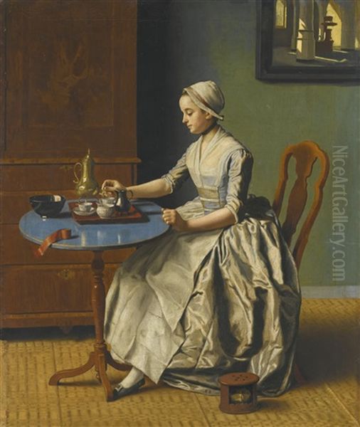 A Dutch Girl At Breakfast Oil Painting by Jean Etienne Liotard