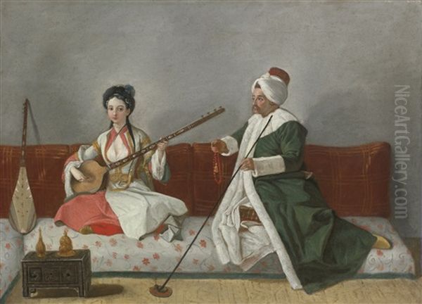 Portrait Of Helene Glavany And Mr. Levett Seated On A Divan Oil Painting by Jean Etienne Liotard