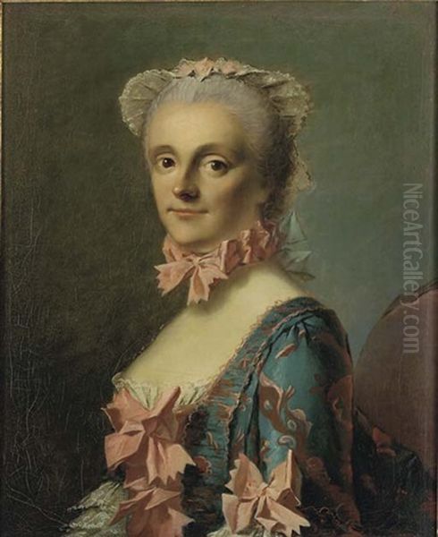 Portrait Of A Lady In A Blue And Pink Dress With A Pink Ribbon Oil Painting by Jean Etienne Liotard