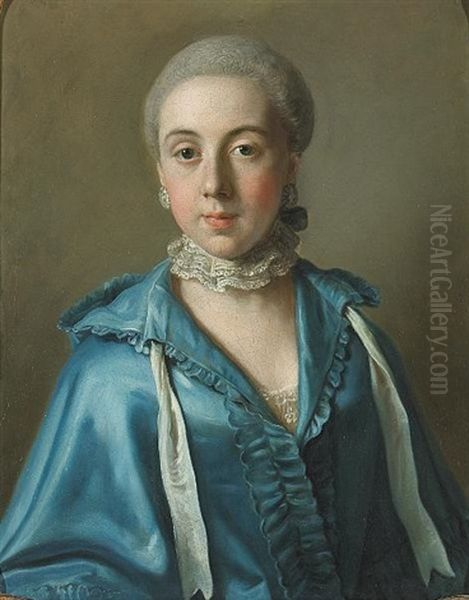 A Portrait Of A Lady With A Blue Dress And Lace Collar Oil Painting by Jean Etienne Liotard