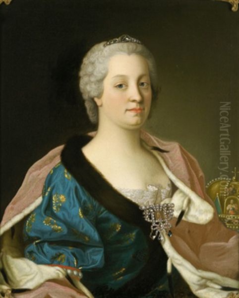 Bildnis Der Kaiserin Maria Theresia Mit Einer Brillantenbrosche Mit Dem Miniaturportrat Ihres Gemahls Kaiser Franz I., Rechts Die Ungarische Konigskrone Oil Painting by Jean Etienne Liotard