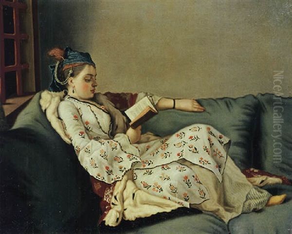 La Sultane Lisant, A Lady In Turkish Costume Reading On A Divan Oil Painting by Jean Etienne Liotard