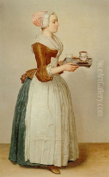 Serving Woman Carrying A Tray With A Cup Of Hot Chocolate Oil Painting by Jean Etienne Liotard