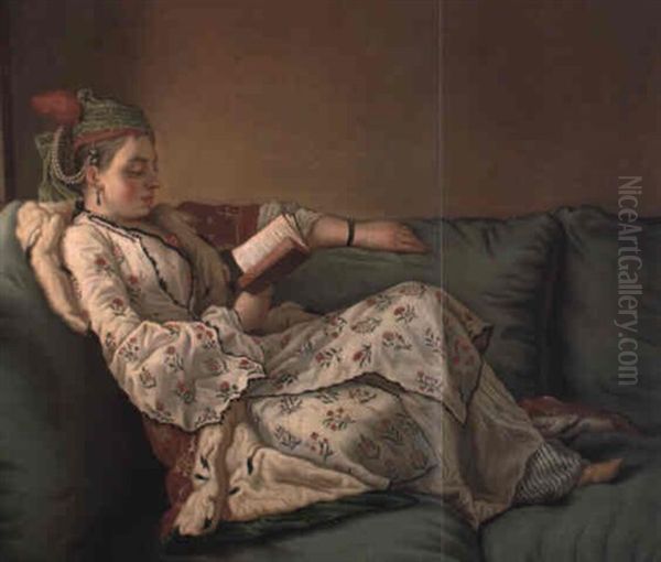 La Sultane Lisant: A Lady In Turkish Costume Reading On A Divan Oil Painting by Jean Etienne Liotard