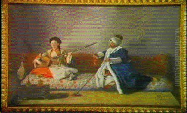 Portrait De Monsieur Levett Et Mademoiselle Glavani Assis   Sur Un Divan Oil Painting by Jean Etienne Liotard