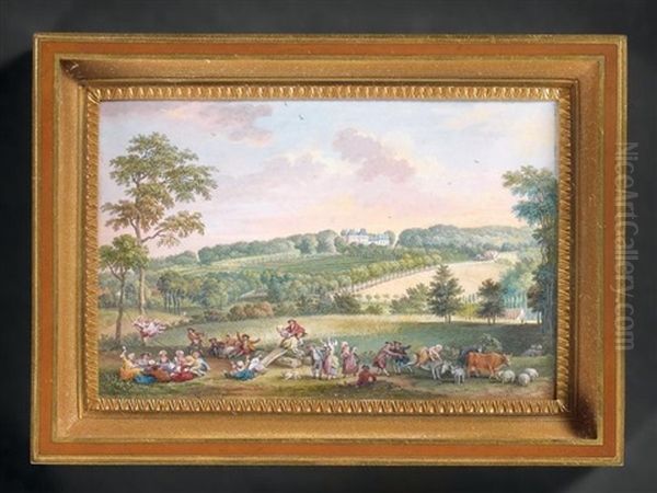 Fete Villageoise Animee De Personnages Et Animaux Dans Un Paysage Oil Painting by Edme Charles de Lioux de Savignac