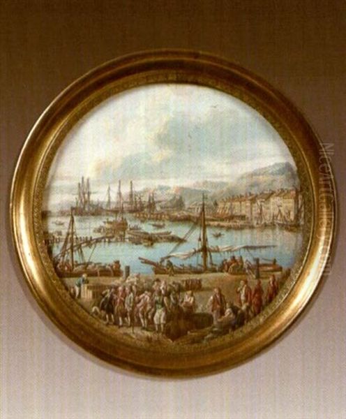 Le Port De Toulon Et Les Magasins, Animes De Personnages Et De Trois-mats Oil Painting by Edme Charles de Lioux de Savignac