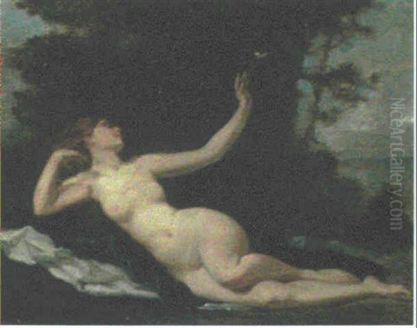 A Female Nude Reclining In A Landscape Oil Painting by Ernst Friederich von Liphart