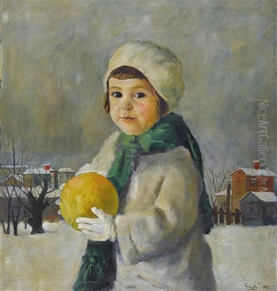 Madchen Mit Gelbem Ball Vor Winterlandschaft Oil Painting by Gedo Lipot