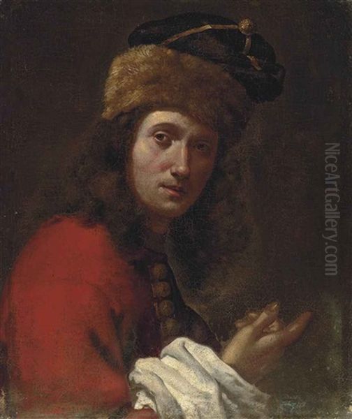 Portrait Of A Man, Bust-length, In A Red, Fur-trimmed Coat And Black Fur Hat Oil Painting by Lorenzo Lippi