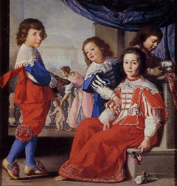 Group Portrait Of Vittoria Della Rovere And Companions With The Tribune Of Santissima Annunziata, Florence In The Background by Lorenzo Lippi