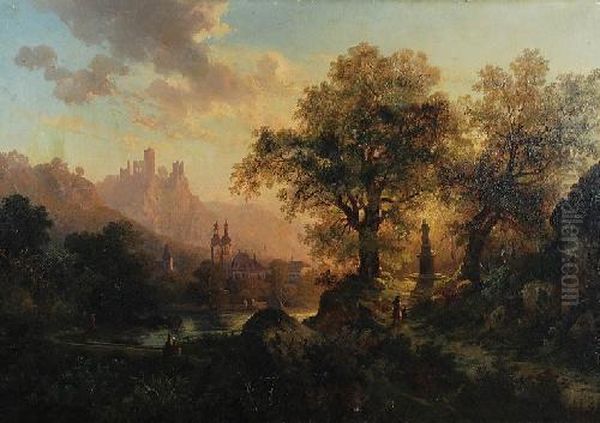 Pejzaz Romantyczny O Zachodzie Slonca Oil Painting by Hermann Bennekenstein