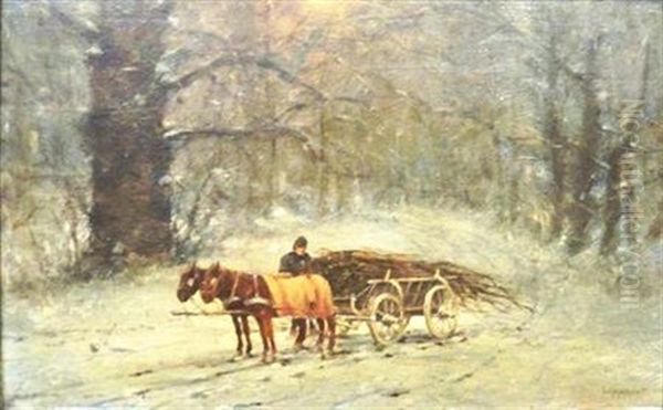 Wood Cart In Winter Oil Painting by William Henry Lippincott