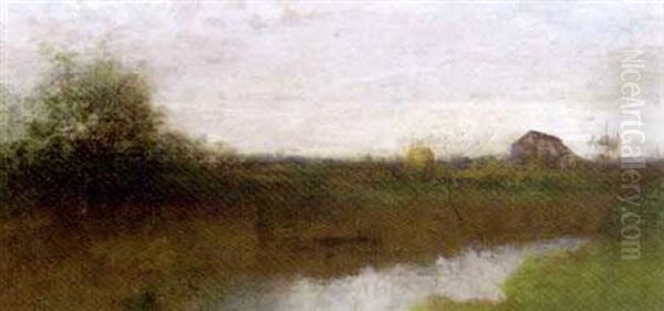 River Landscape With A Barn Oil Painting by William Henry Lippincott