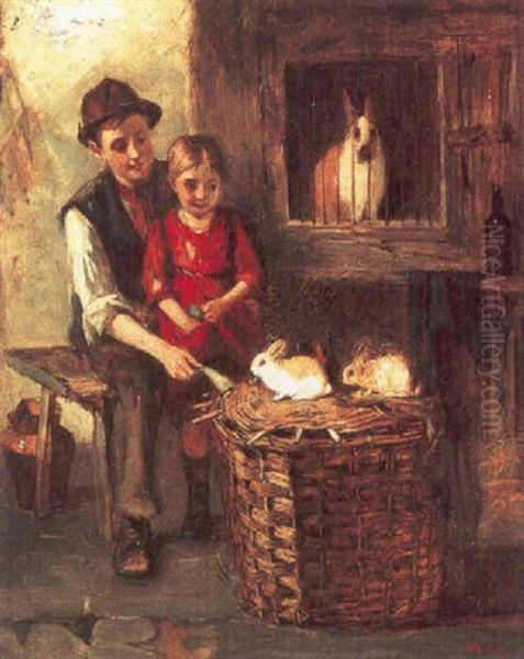 A Boy And Girl Feeding Rabbits Oil Painting by William Henry Lippincott