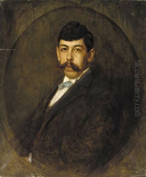 Portrait Of Hugo Commichav Wearing A Blue Tie Oil Painting by Franz Lippisch