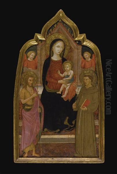 The Madonna And Child Enthroned With Saints John The Baptist And Francis Of Assisi And Two Angels by  Lippo d'Andrea (Ambrogio di Baldese)