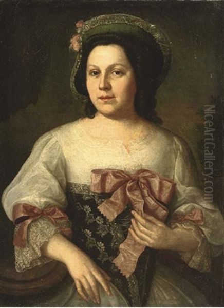 Portrait Of A Lady In A Black And White Embroidered Dress With Pink Ribbons And A Green Hat With Flowers Oil Painting by Franz Lippold