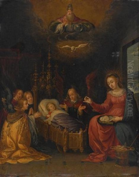 Madonna And Child With God The Father, The Holy Spirit, And Adoring Angels Oil Painting by Pieter Lisaert