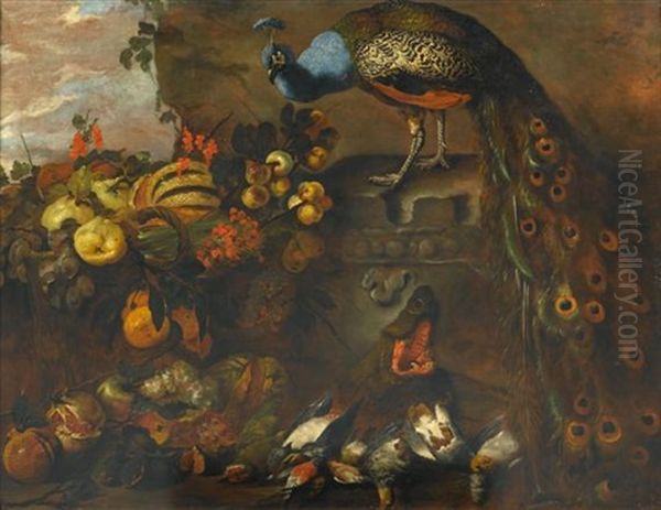 Fruchte- Und Jagdstilleben Mit Pfau Oil Painting by Reinhold Lischka