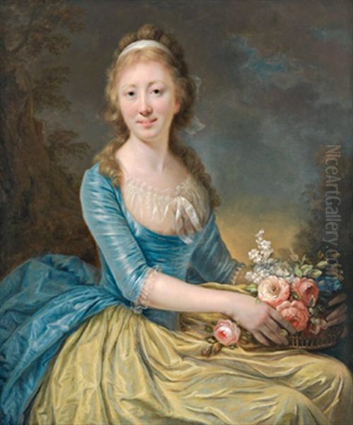 Dame In Gelb Und Blau Mit Einem Blumenkorb Oil Painting by Anna Dorothea Lisiewski