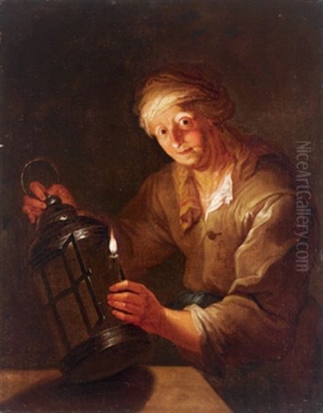 Bildnis Einer Alten Frau, Die Eine Brennende Kerze In Eine Laterne Stellt Oil Painting by Anna Dorothea Lisiewski