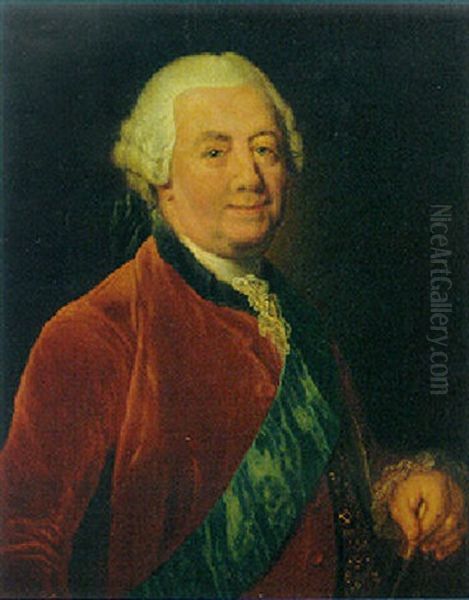 Portrait Of A Gentleman Wearing A Red Coat With A Blue Order Sash Oil Painting by Anna Dorothea Lisiewski