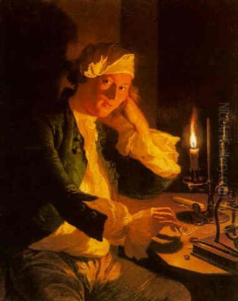 A Scientist Seated At His Desk By Candlelight Oil Painting by Anna Dorothea Lisiewski